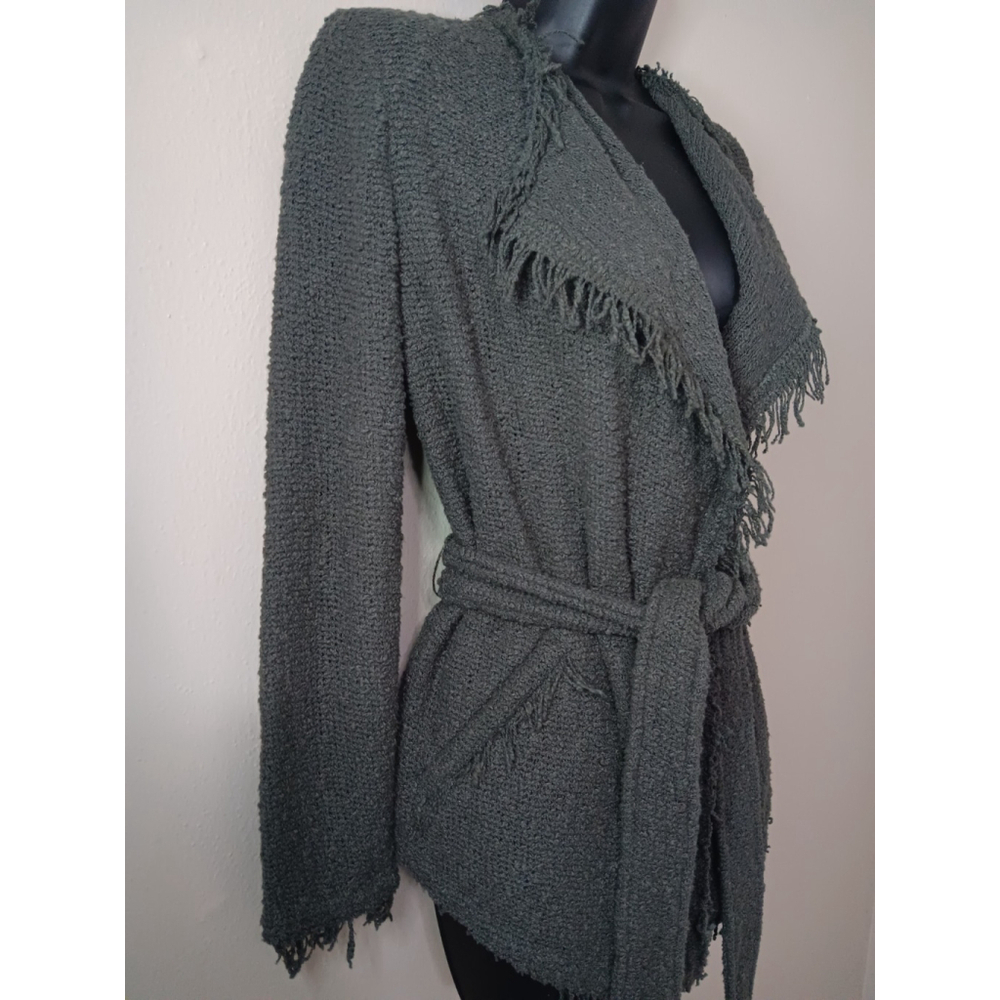 Iro Schala Jacket Wrap Self Tie Belt Fringe Green Tweed Size 34 US Size XS EUC - Picture 4 of 9